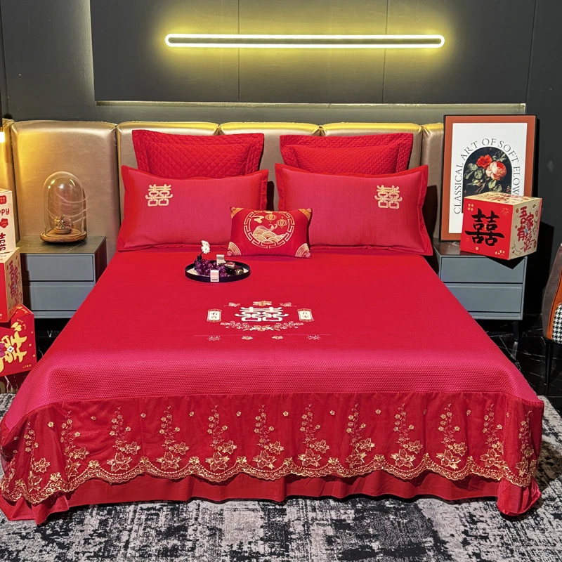 结婚用凉席高档冰豆豆软凉席蕾丝边冰丝席中式陪嫁高级红色喜席子