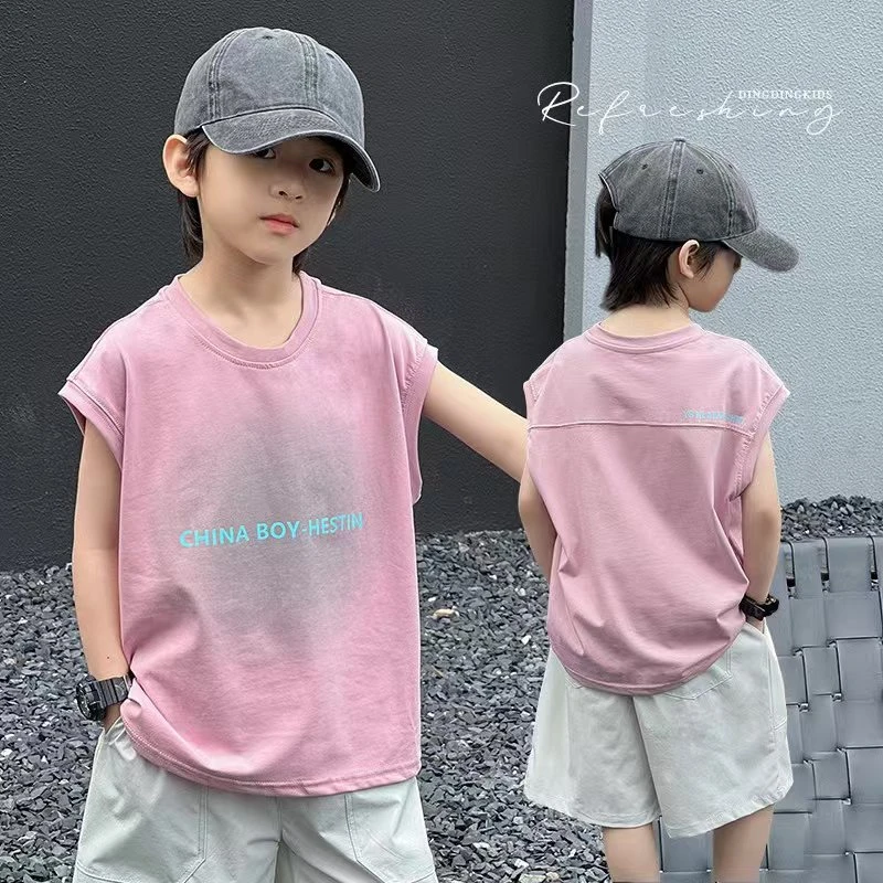 娇娃布迪儿童粉色纯棉背心夏季新款衣服男童无袖T恤上衣宽松衣服