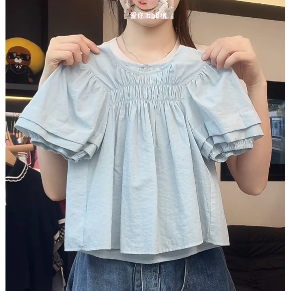 阿湫现货【茶花少女】女童设计感打揽衬衣泡泡袖娃娃衫上衣MPG6018