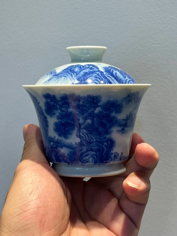 青花山水二才马蹄盖碗青花瓷140毫升陶瓷家用茶具
