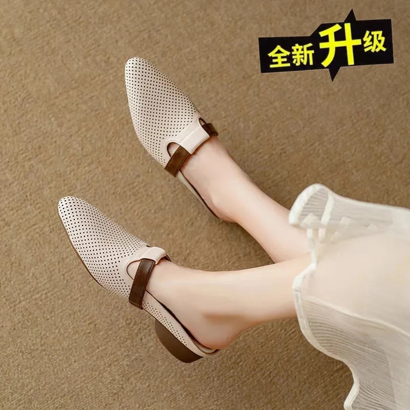 法式透气镂空包头半拖鞋女夏2025新款软皮圆头凉拖懒人低跟穆勒鞋