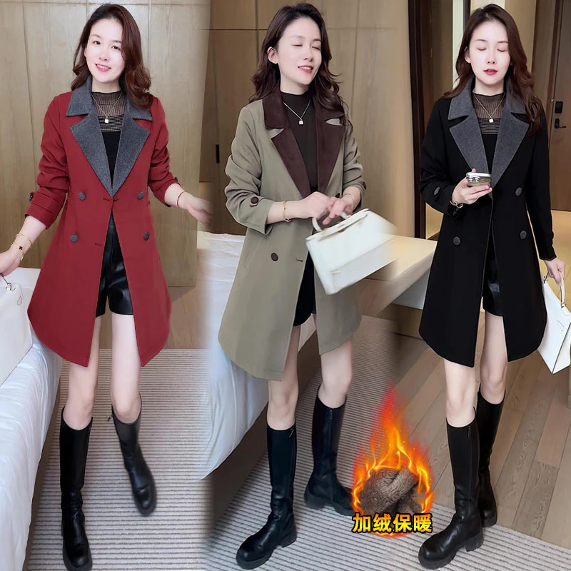 加绒加厚中长款风衣女2025冬季新款洋气收腰显瘦西装领保暖外套潮