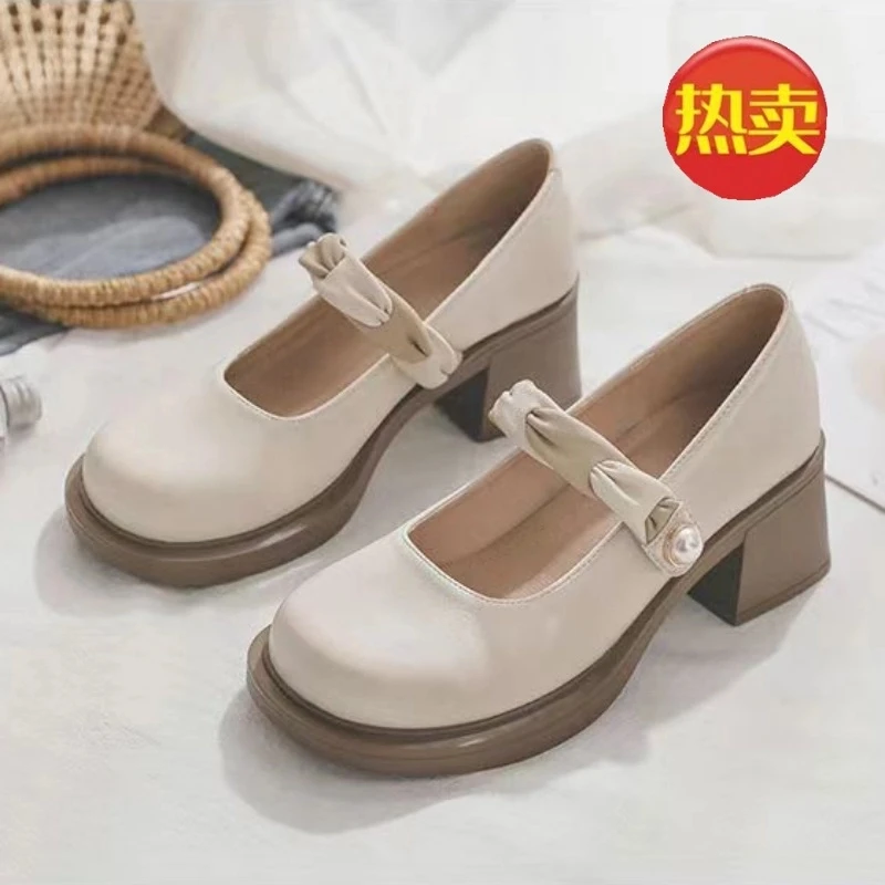 玛丽珍小皮鞋女圆头网红高跟鞋百搭粗跟夏季浅口厚底女鞋XYQW