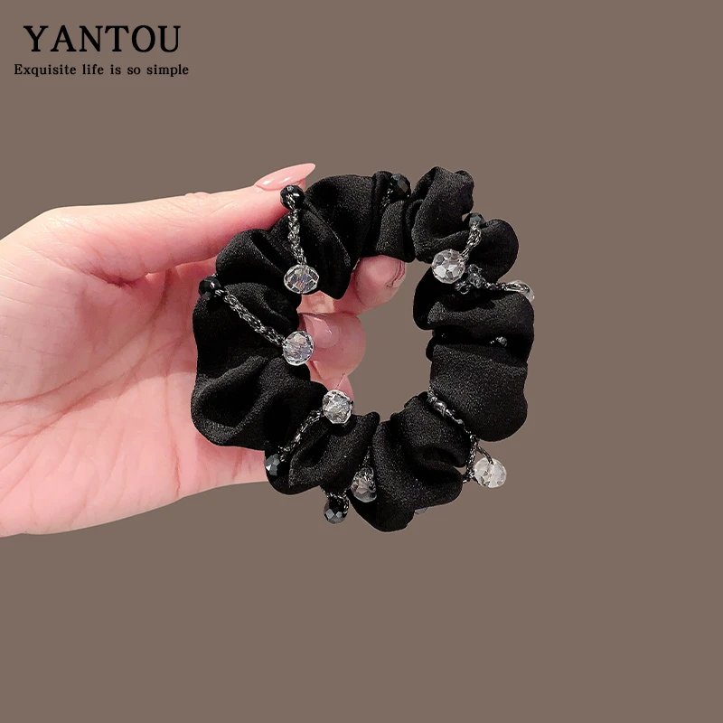 2025百搭时尚水钻高弹发绳气质绸缎黑色简约肥肠圈韩系精致发圈女