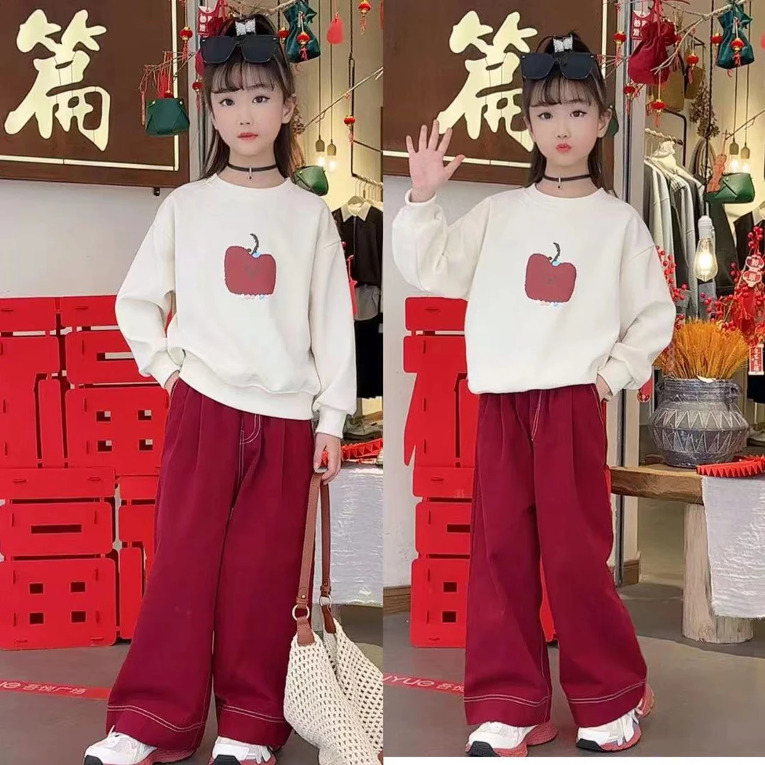 2025新款女童中大童春秋苹果卫衣牛仔裤套装