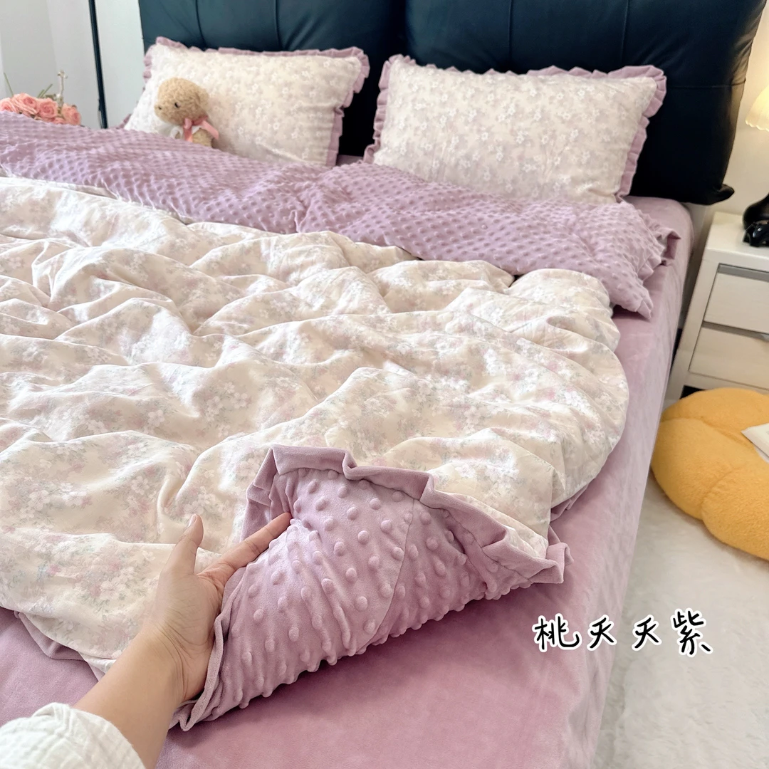 【棉加绒】花边款四件套 A版母婴全棉双层纱B版加厚秋冬豆豆绒南通4