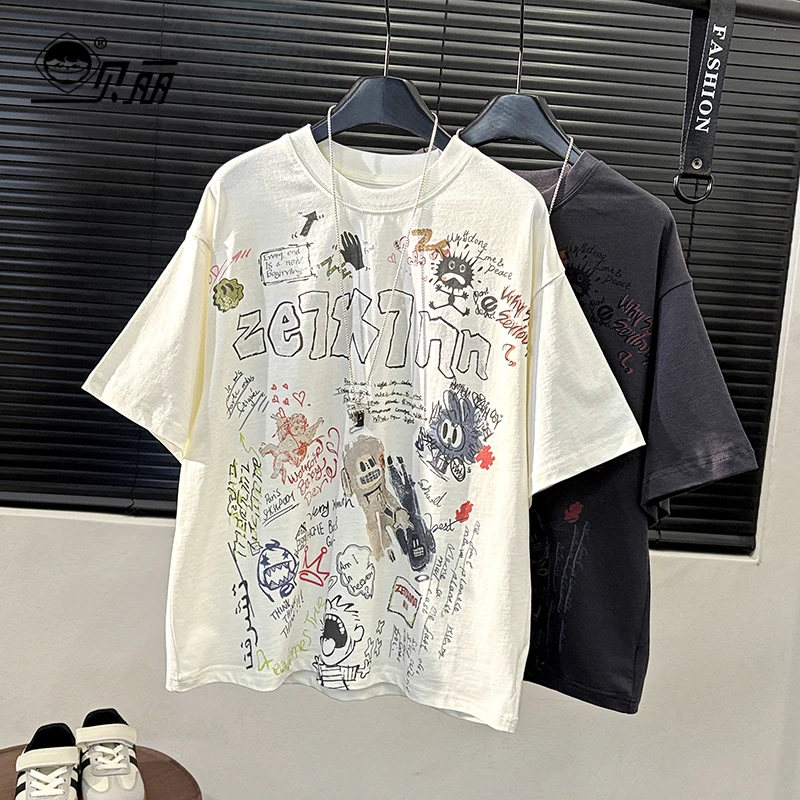 【清货】2025夏季青少年亲子装潮牌复古涂鸦短袖t韩版百搭童装短袖
