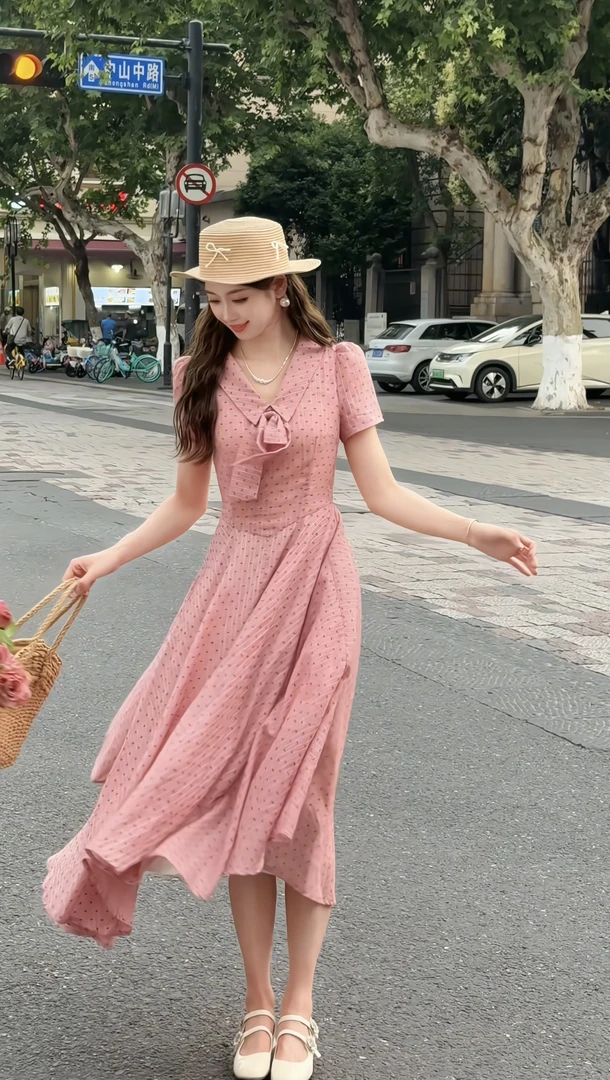 【草莓洛可可】甜美风长裙夏季学院风蝴蝶结连衣裙波点收腰千金款