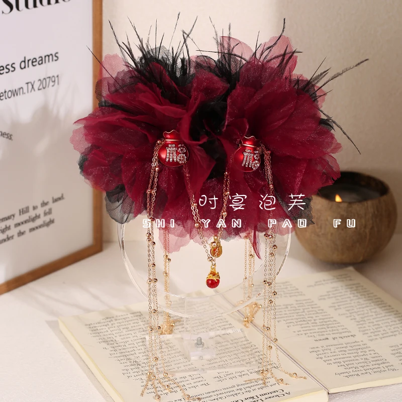 花苞福袋优雅羽毛流苏鲨鱼夹发夹气质新年蓬松显发量高颅顶头饰