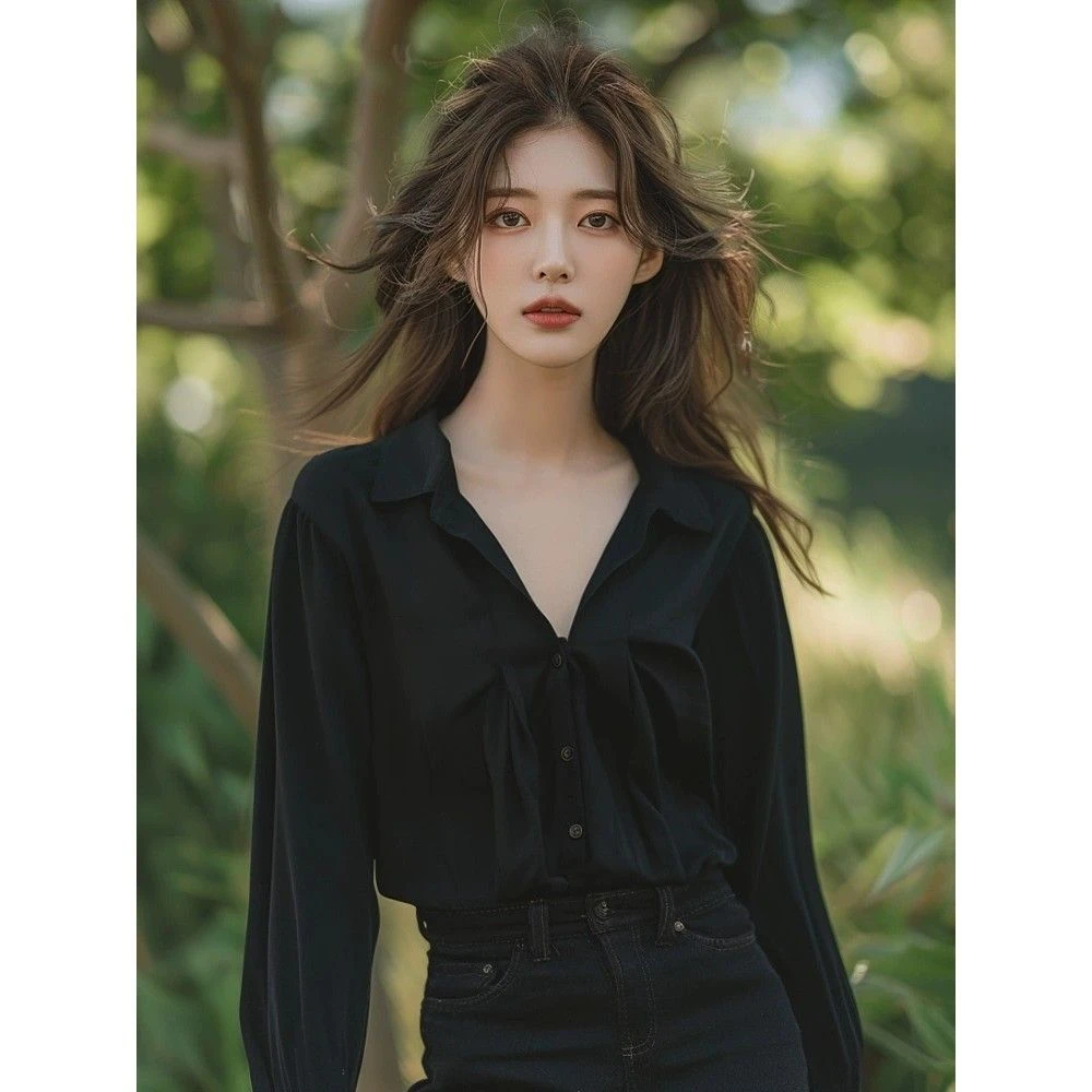 黑色小众设计感显瘦气质长袖衬衫2025新款法式春秋款港风A子衬衣