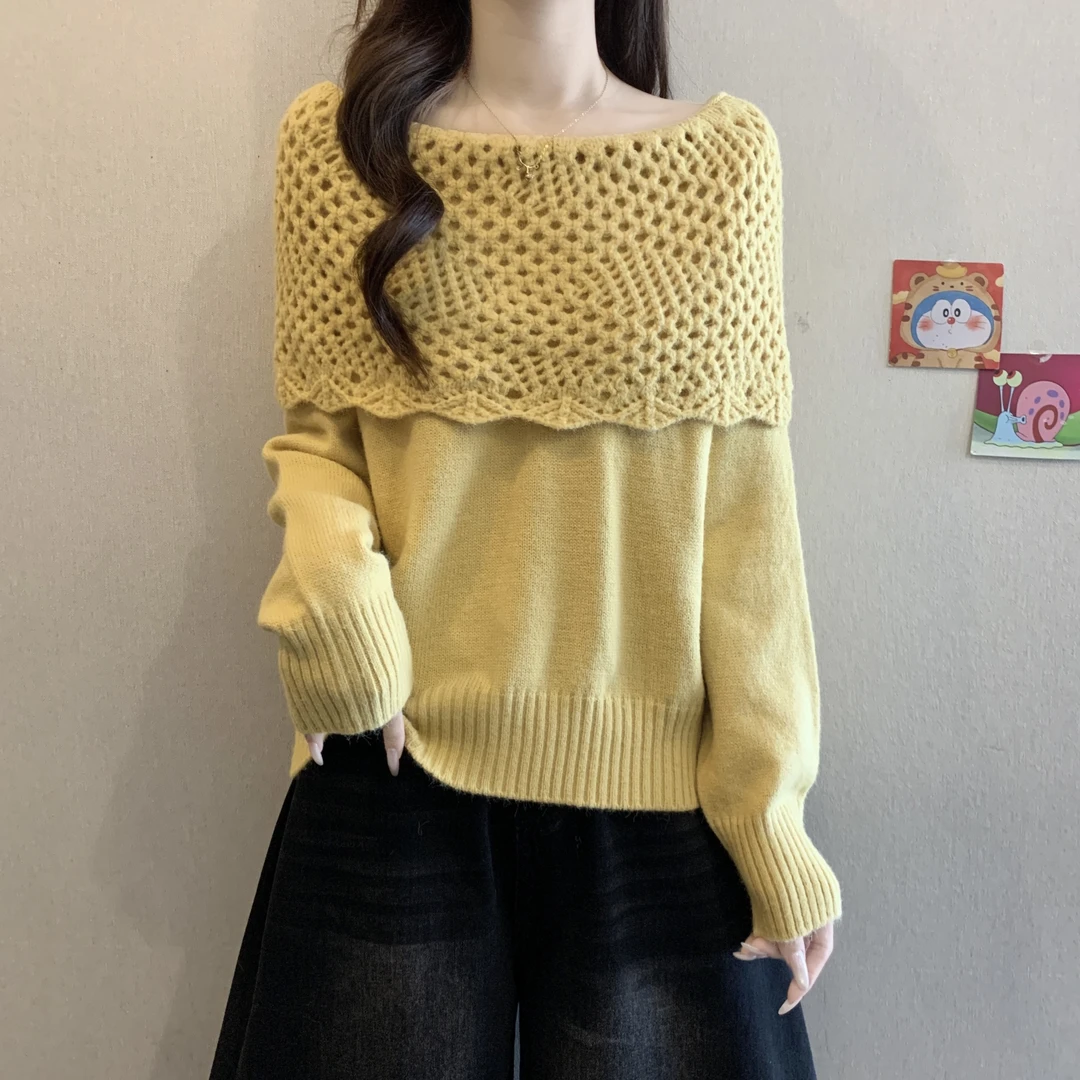 独特镂空一字肩长袖针织衫秋冬2025新款大码女装胖mm遮肚毛衣上衣