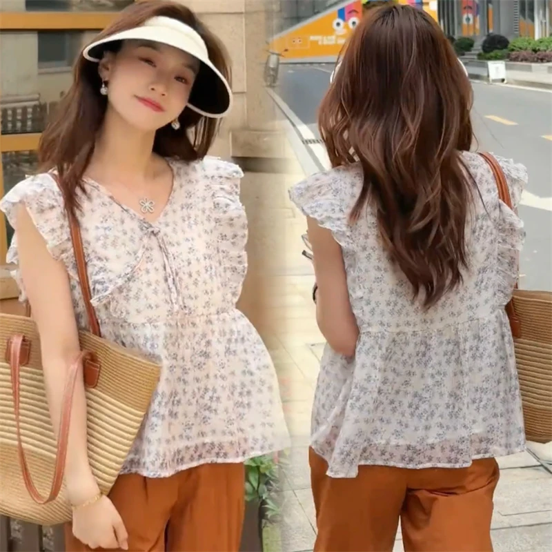 法式碎花v领飞飞袖衬衫女2025年新款夏季雪纺衬衣设计感小众上衣