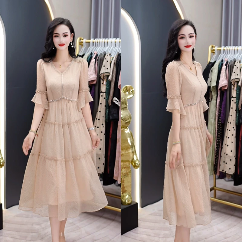 夏季2025新款鎏金纱高级女人味优雅贵气显瘦遮肉中长款时尚连衣裙