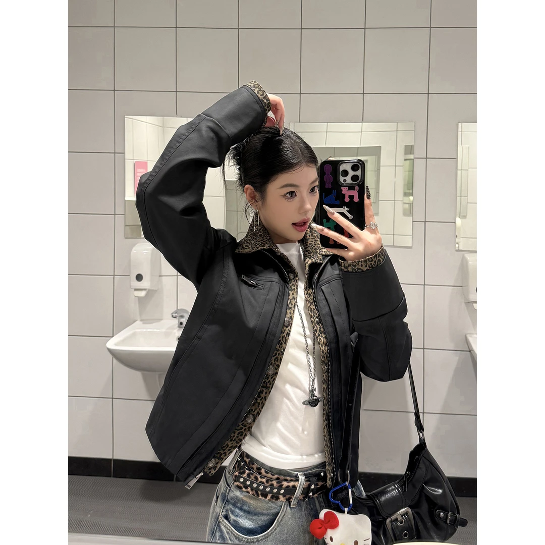 KOIISLE 假两件豹纹拼接外套女美式复古潮牌中性痞帅翻领夹克