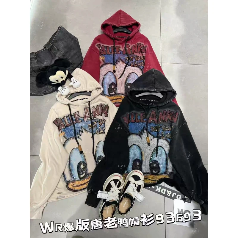 跨境WR潮牌秋新款重工唐老鸭卡通时尚大版宽松连帽卫衣小个子上衣