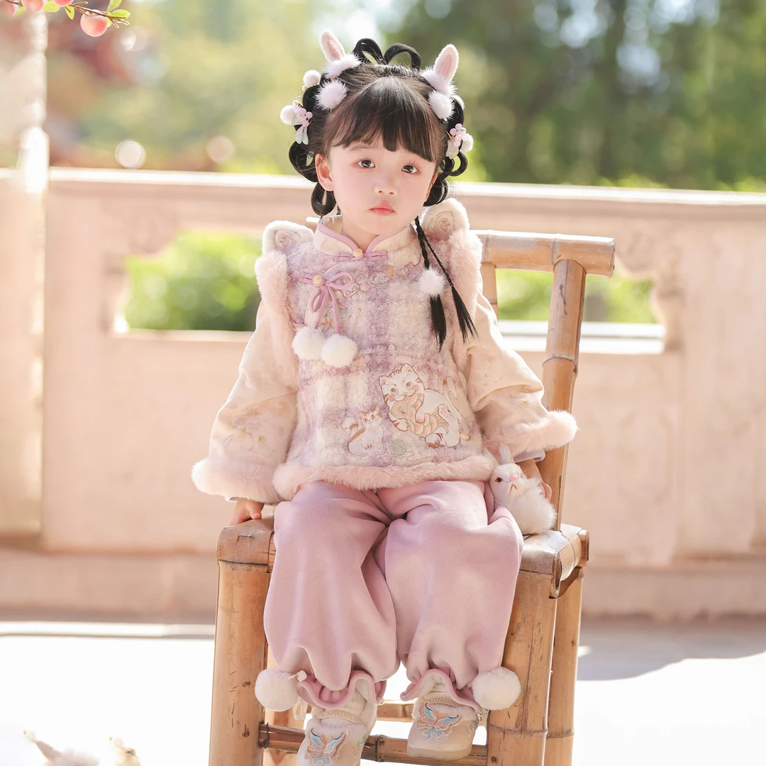 【跳跳猫】汉服女童冬装25年新款紫色可爱裤子套装小女孩唐装拜年服