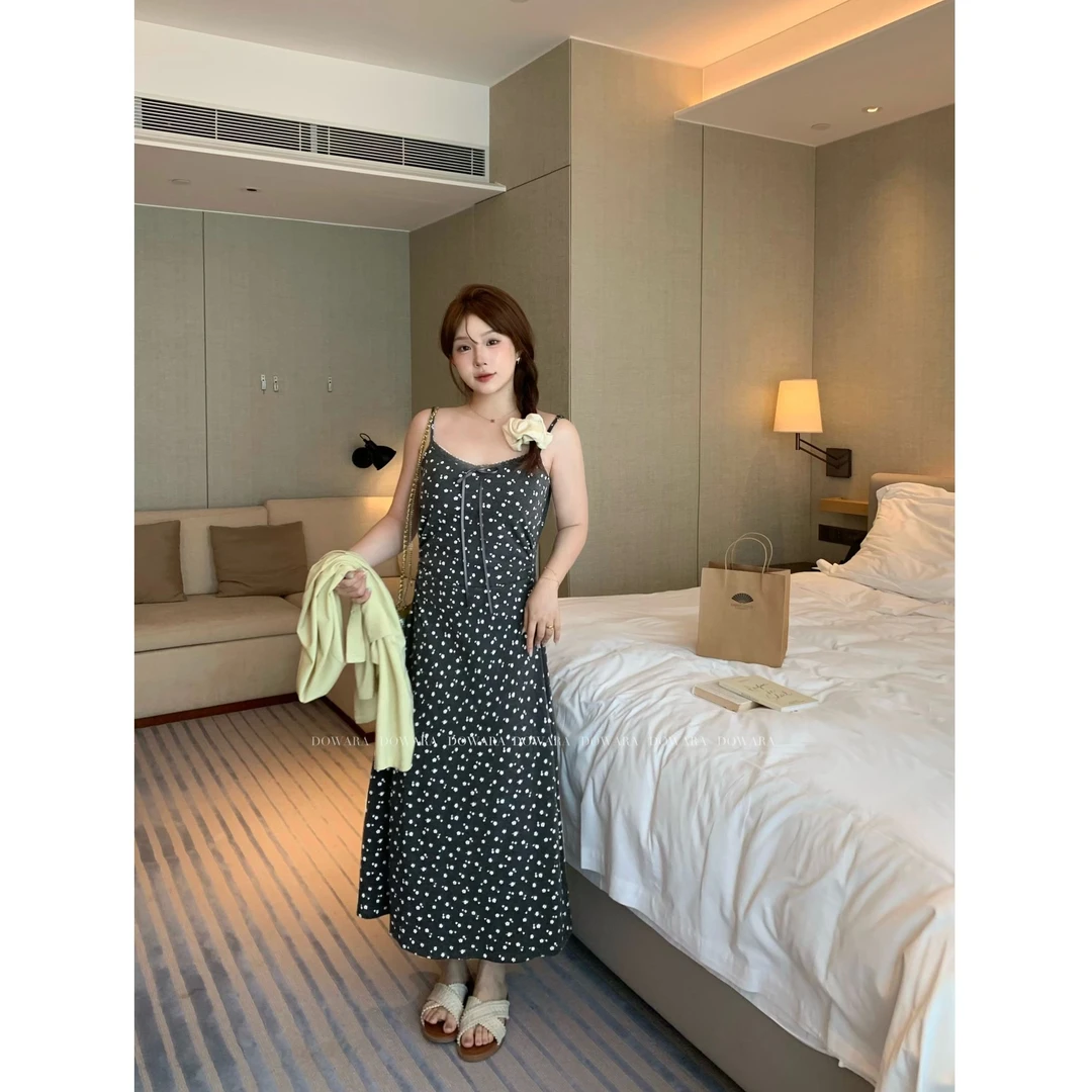 现货7941D大婉酱千千微胖定制 春夏吊带碎花连衣裙百搭显瘦长裙女