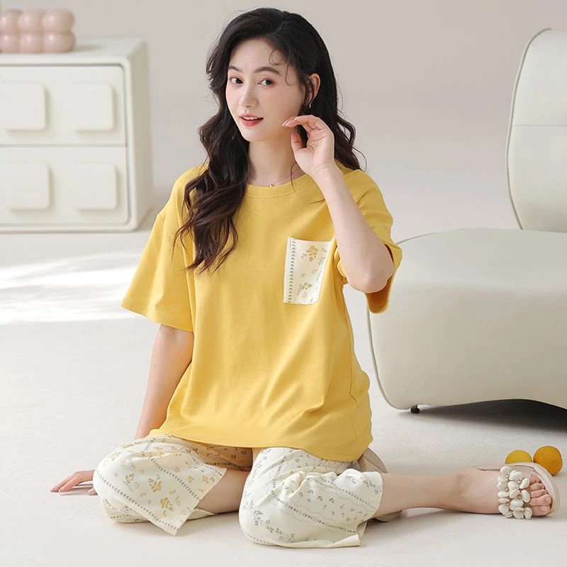 猫人时尚清凉透气吸汗女士短袖长裤睡衣家居服套装黄色MTF19903
