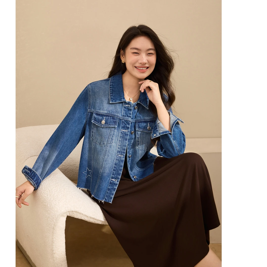 【街头风个性牛仔外套】纤莉秀E大码女装百搭潮流上衣秋装新QK3471