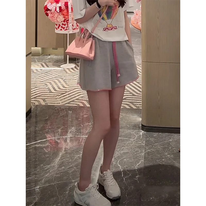 灰粉色五分裤宽松直筒短裤高腰显瘦运动裤女中裤休闲卫裤夏季薄款
