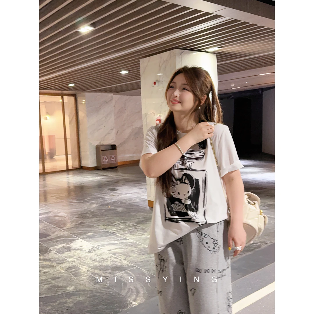 应小姐【叛逆少女kt】微胖大码夏季韩版气质短袖时尚上衣+长裤套装