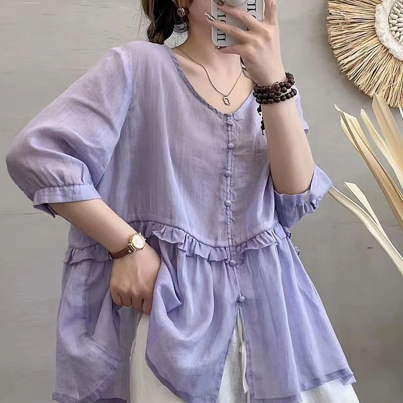 2025夏季短袖娃娃衫T恤清新文艺复古花边薄款宽松显瘦衬衫女时尚