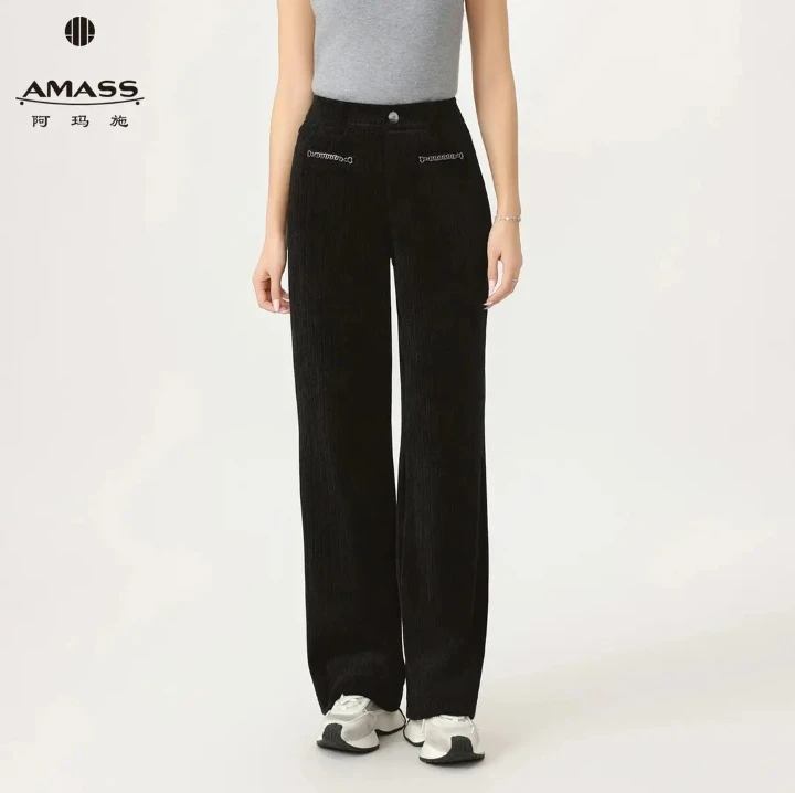 AMASS透气厚秋冬长裤休闲裤黄色的裤子黑色针织时尚女装