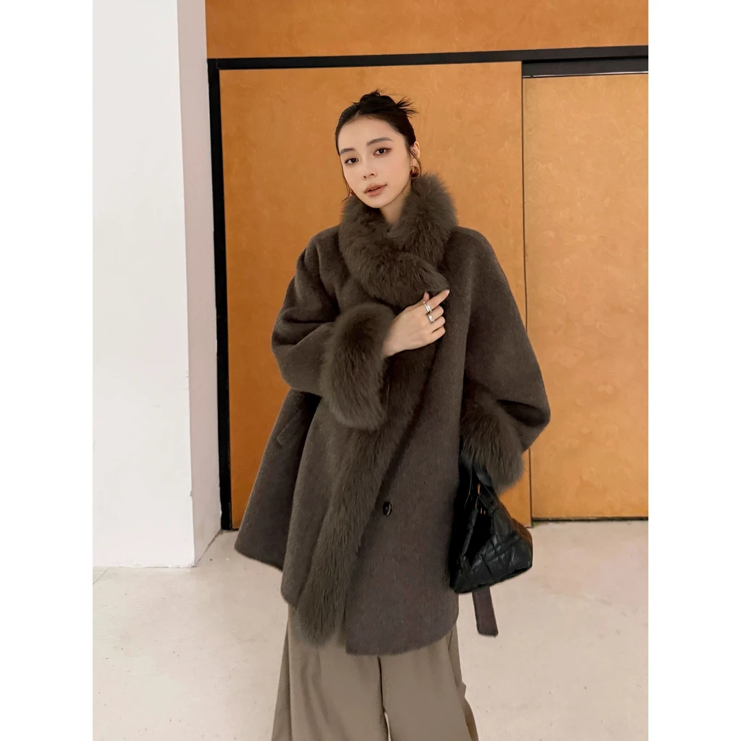 2025秋冬新款双面羊毛大衣中长款毛领呢子外套女