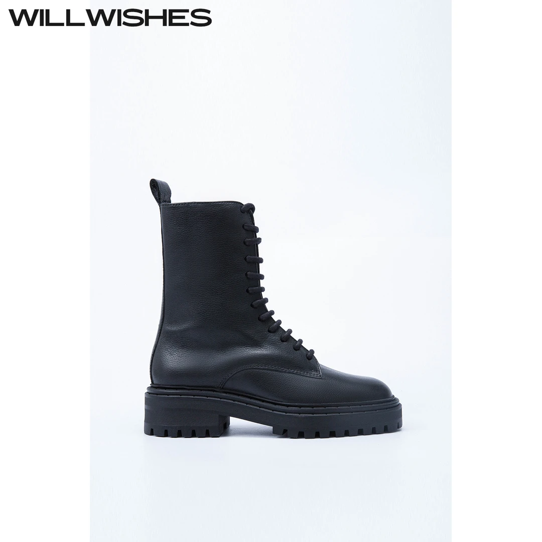 WILLWISHES/王玎设计2025秋冬季英伦学院风复古粗跟马丁靴女短靴