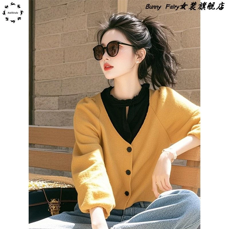 今年流行爆款漂亮小衫洋气独特超好看姜黄色拼接假两件上衣女春秋