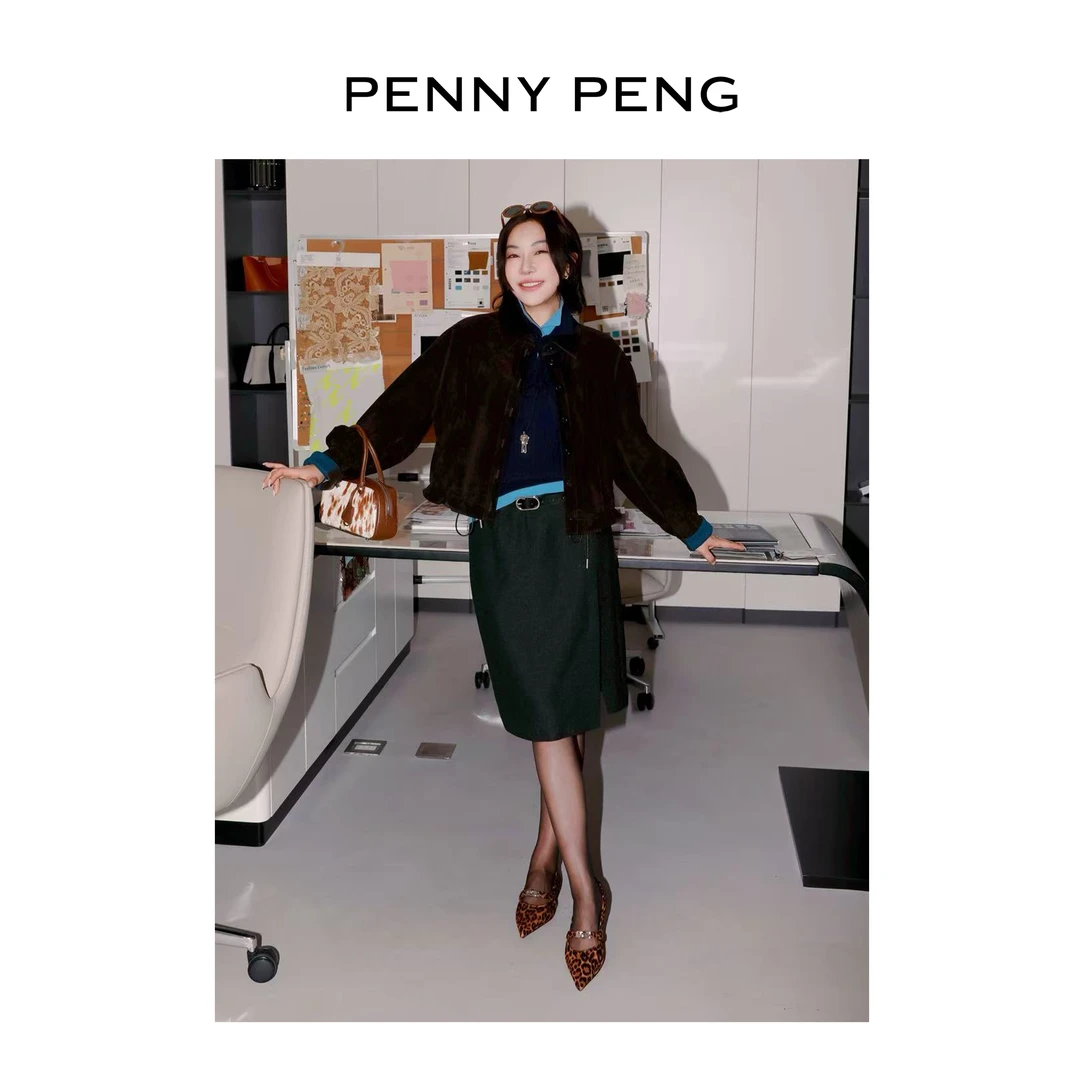 PENNYPENG 自由古巴 黑标系列复古老钱风短款设计感翻领羊皮外套