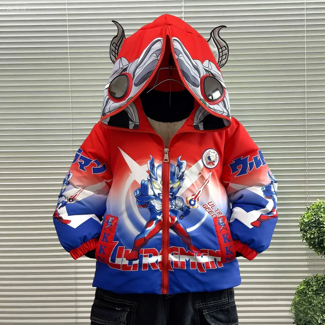 奥特曼棉服冬季加绒加厚男童保暖外套发光亮灯双面穿新年衣服