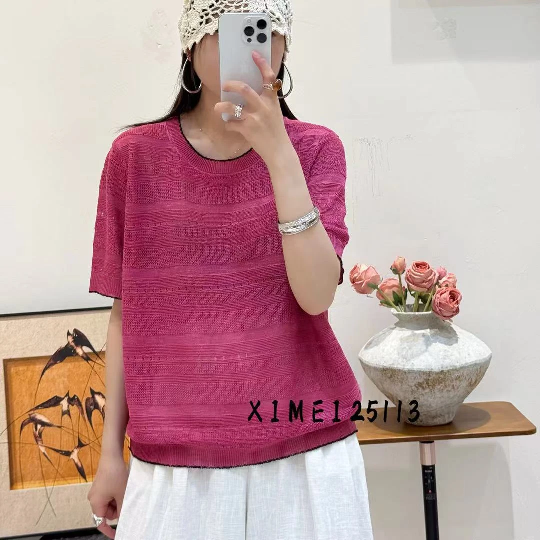 夏季新款古法镂空亚麻针织宽松宽松圆领套头休闲上衣