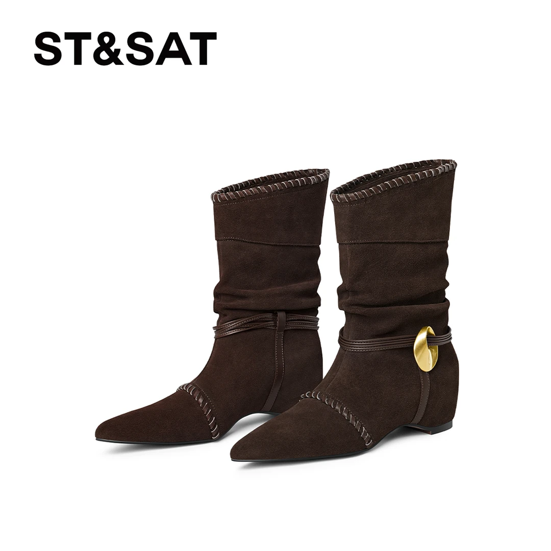 St&Sat/星期六2025新款时装靴长靴尖头休闲风百搭女靴秋冬长筒靴