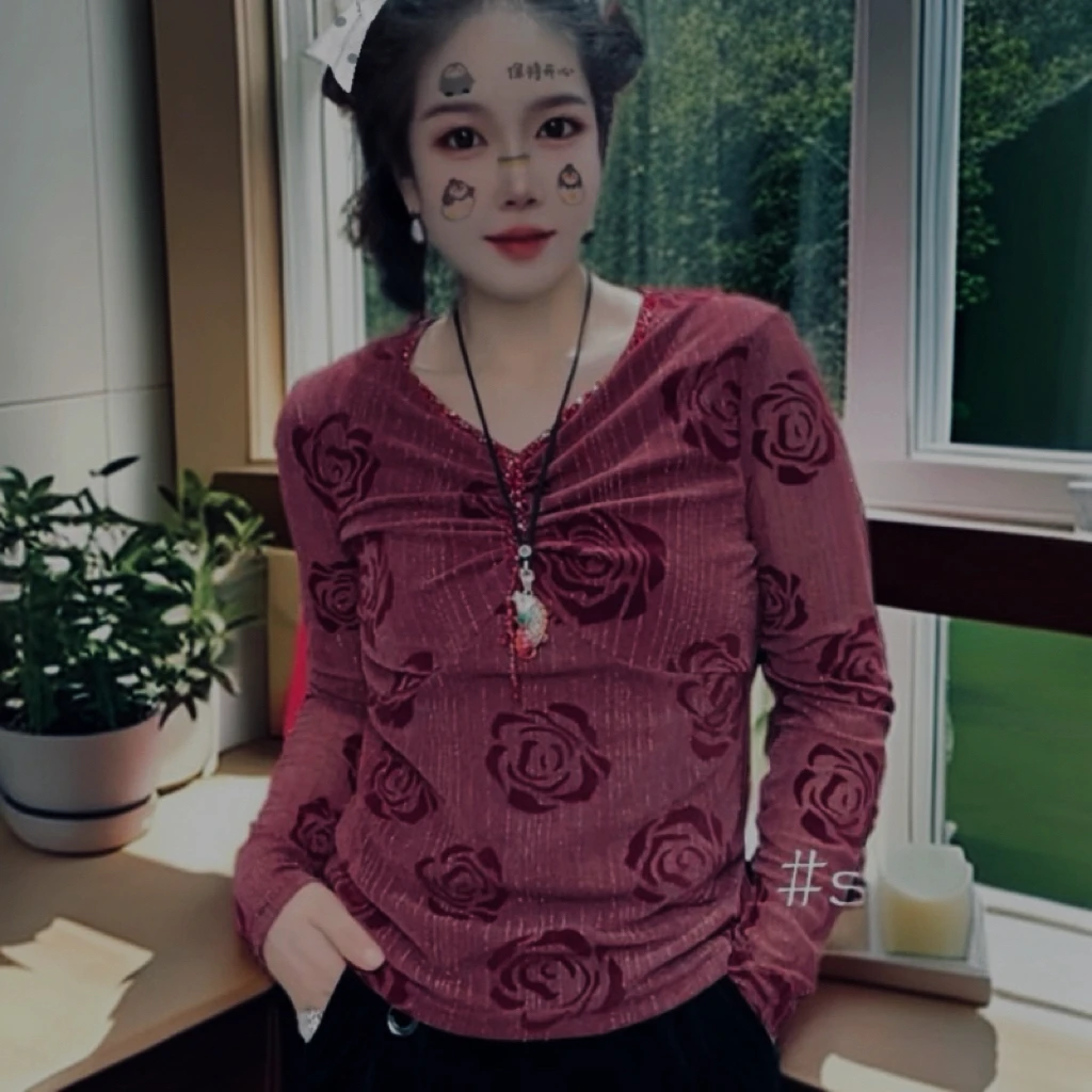 秋季打底修身V领植绒南韩纱时尚百搭长袖上衣