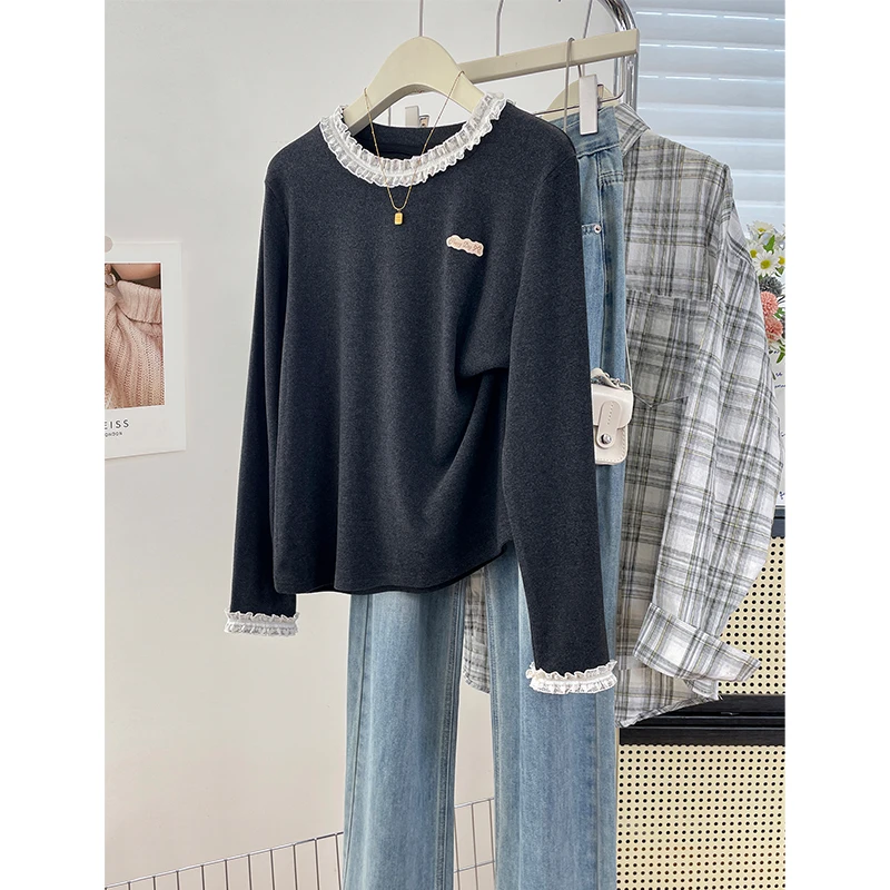 秋冬韩版圆领蕾丝花边拼接甜美长袖打底衫双面绒保暖宽松T恤上衣