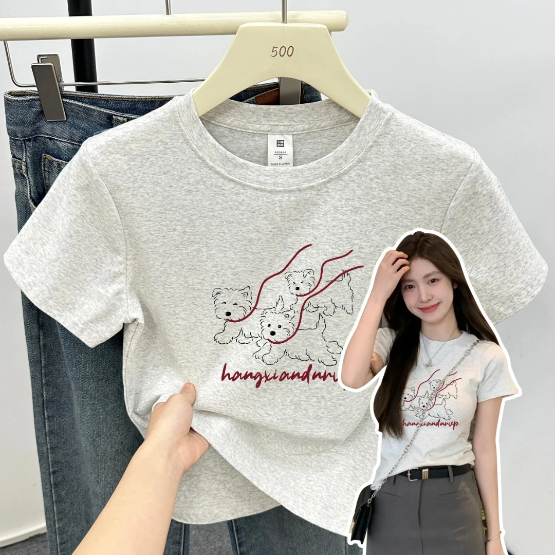 夏季显瘦正肩短袖t恤女趣味小狗胖mm修身大码女装高弹力棉上衣潮