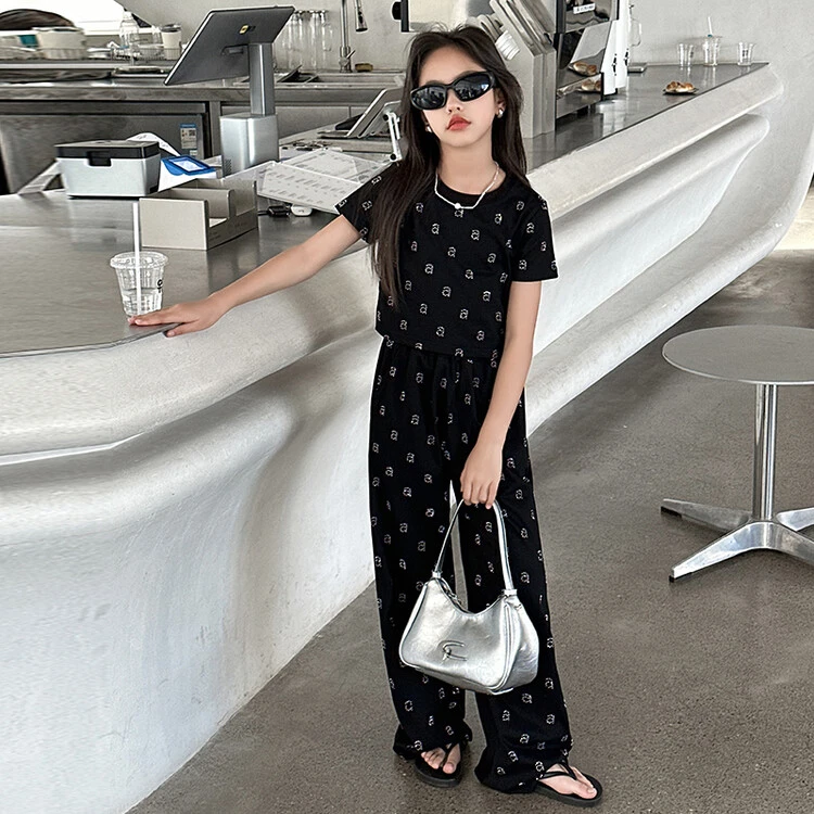 女童短袖长裤套装2025夏季新款洋气烫钻中大儿童休闲时尚女孩夏装