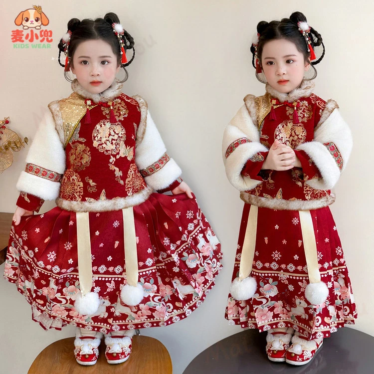 2025新款冬季女童红色汉服连衣裙新年礼服宝宝过年喜庆长裙冬装