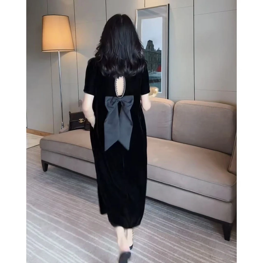 欧货丝绒连衣裙女夏2025气质露背短袖蝴蝶结显瘦连衣裙丝绒6611