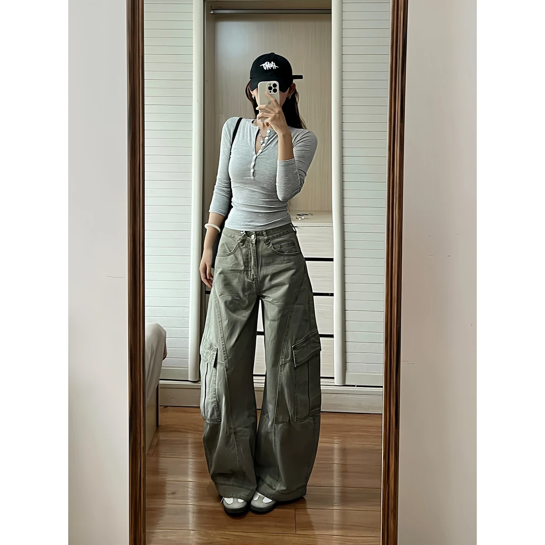 ESEWRD美式复古解构工装弯刀牛仔裤女宽松阔腿vintage设计感裤子