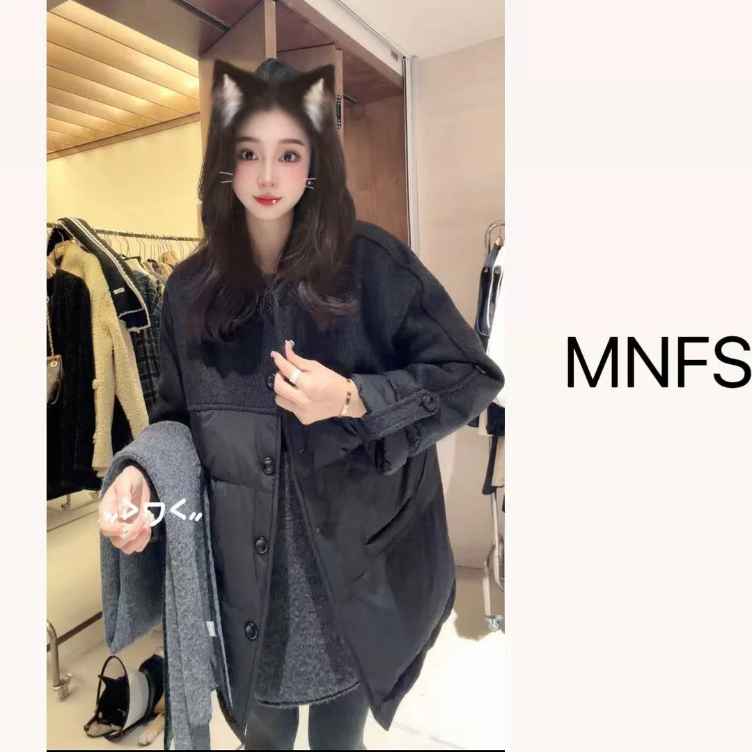 [麦霓定制]圆领单排扣呢料拼接棉服外套2639