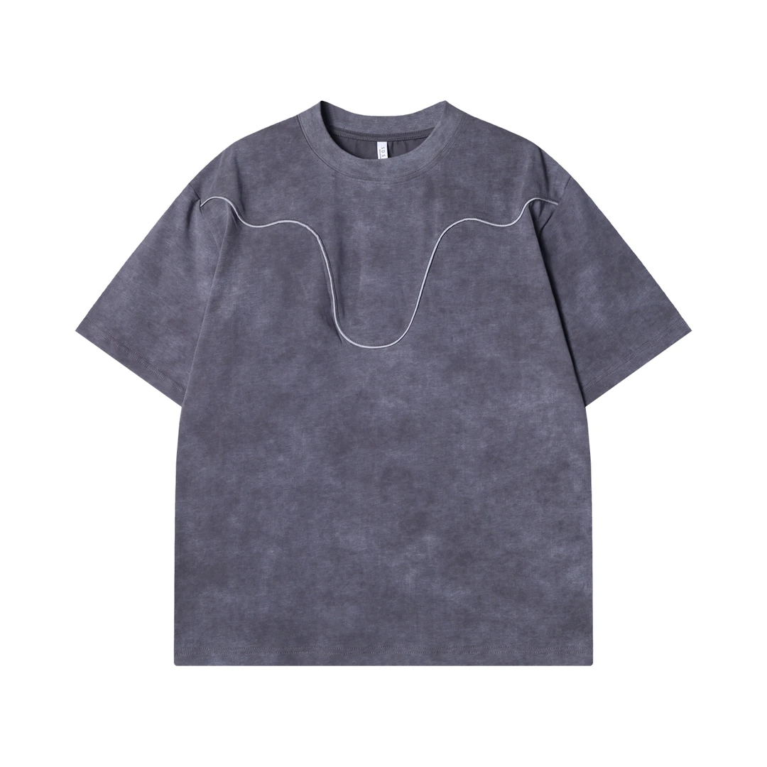 夏季高级感新款韩系简约立体撞色线条圆领短袖T恤百搭简约上衣