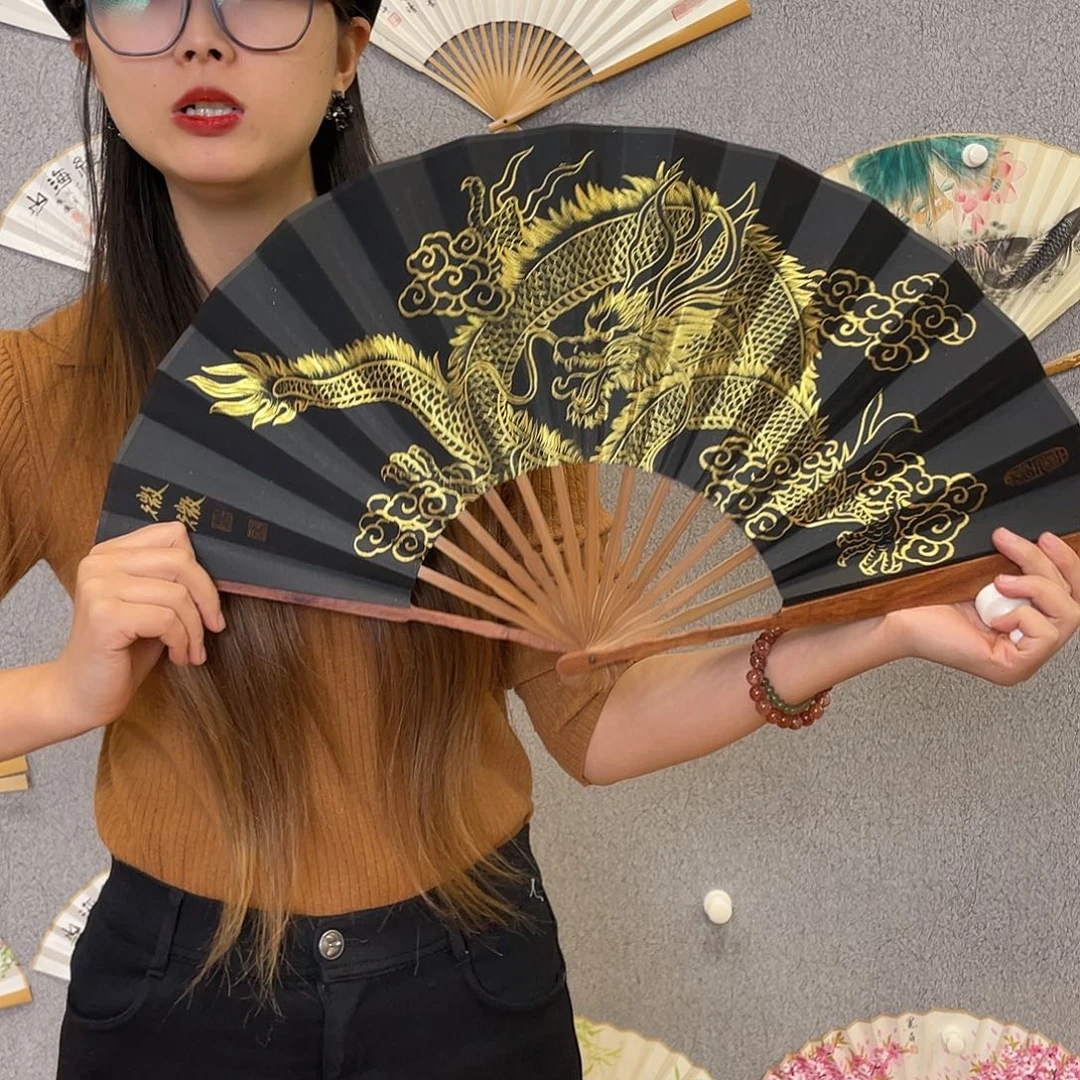 国画10寸红木-纯手绘-文玩扇骨（默认粘好）