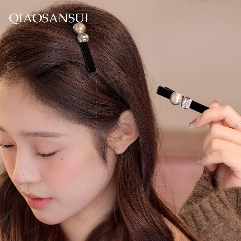 高端珍珠水钻植绒黑色发夹女鸭嘴夹一字夹新款发卡刘海侧边夹头饰