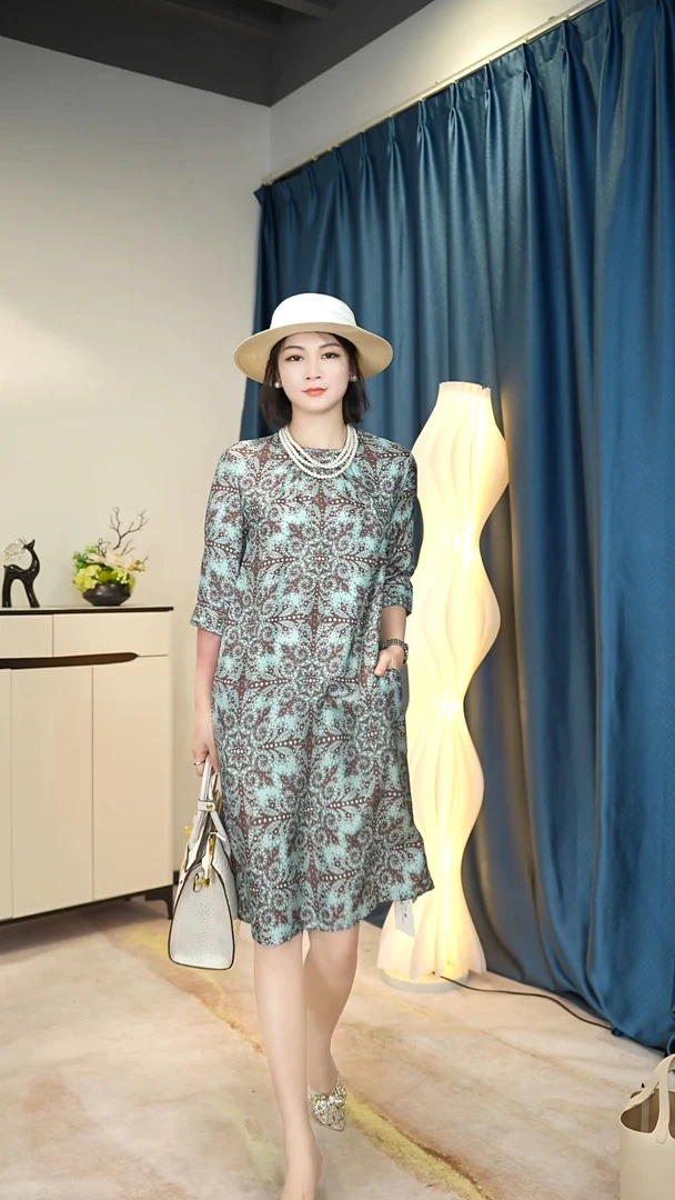 【依思卡丽】2025新款流行单品桑蚕丝印花时尚短袖连衣裙碎花休闲