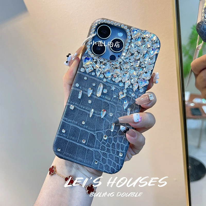 大象灰鳄鱼纹皮质高级喜马拉雅13堆钻14手机壳15适用16promax华为