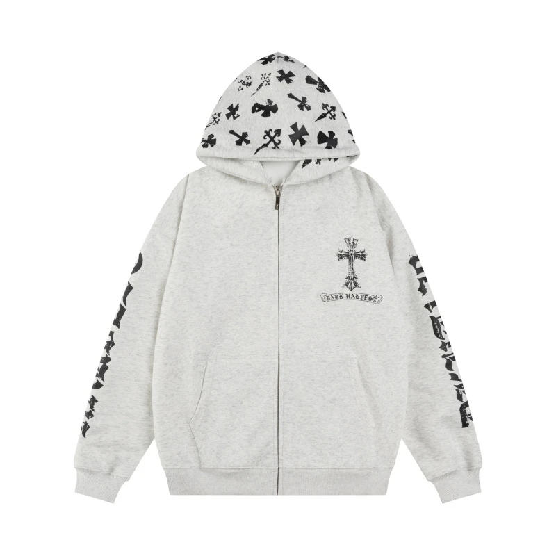 欧美街头宽松运动哥特风十字架印花双帽设计连帽卫衣开衫外套男女