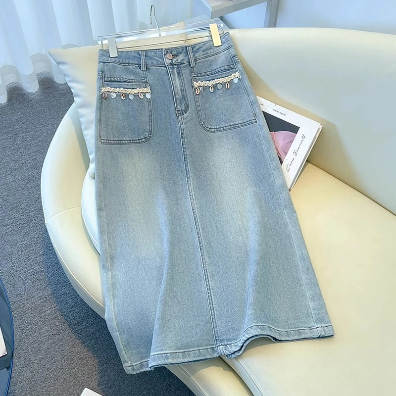 浅蓝色牛仔裙女春夏2025新款洋气高腰显瘦直筒裙后开叉a字半身裙
