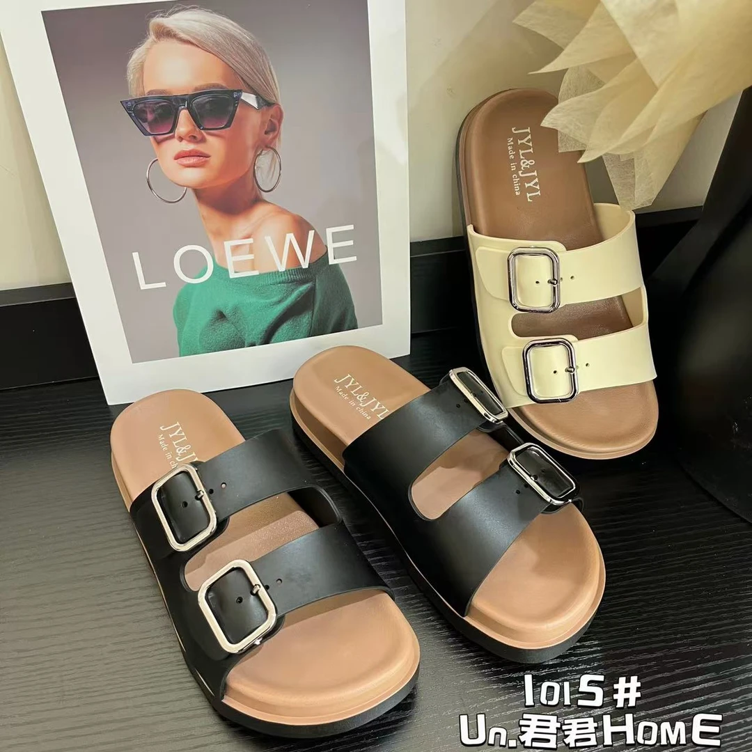 君君家【双扣带】1015厚底双扣带平底一字拖外穿露趾沙滩拖